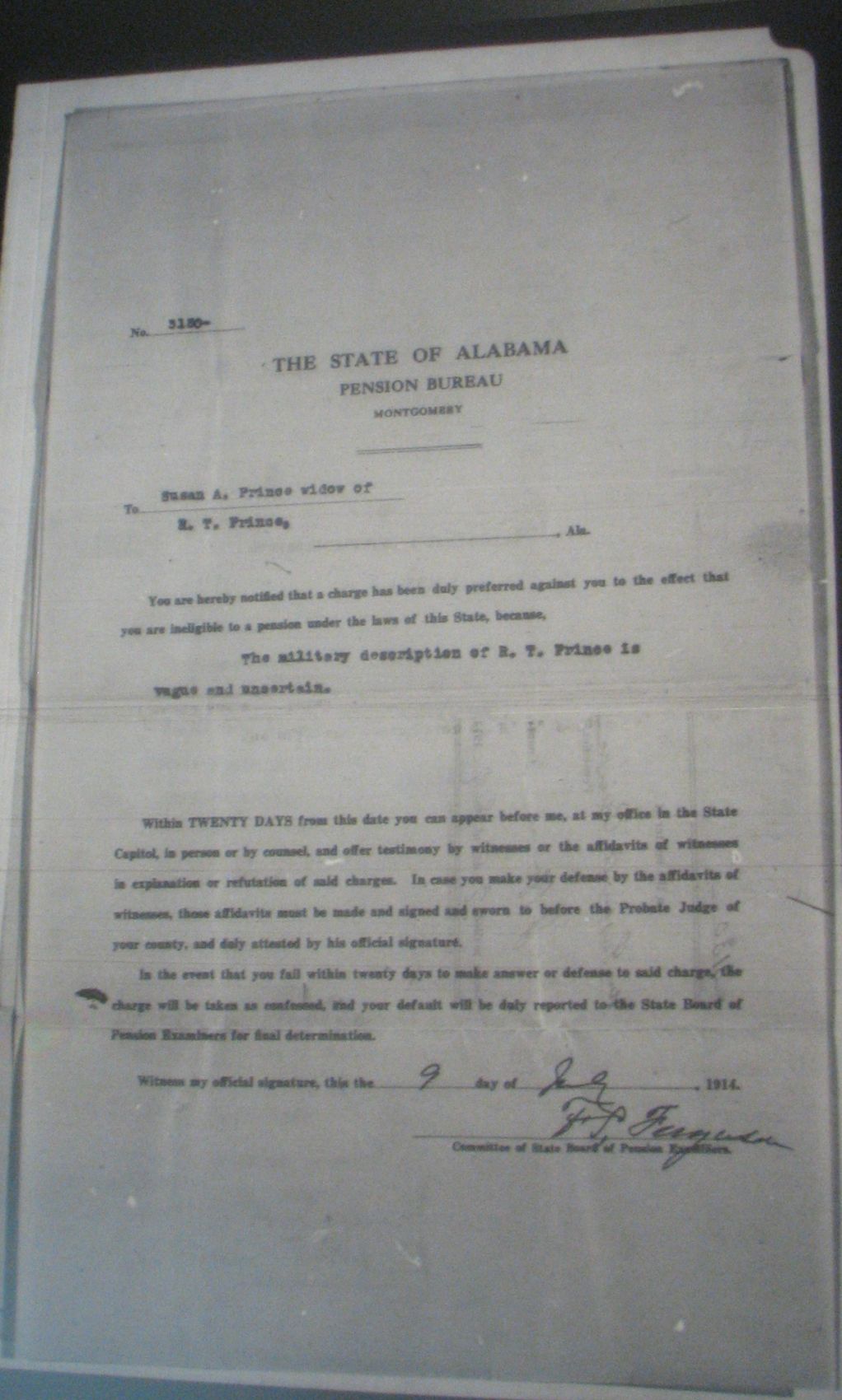 R T Prince pension application