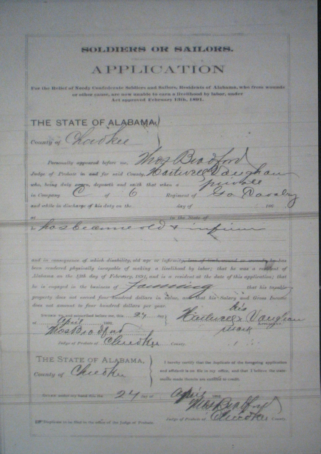 Hartwell Vaughn Pension Application Cherokee Co AL