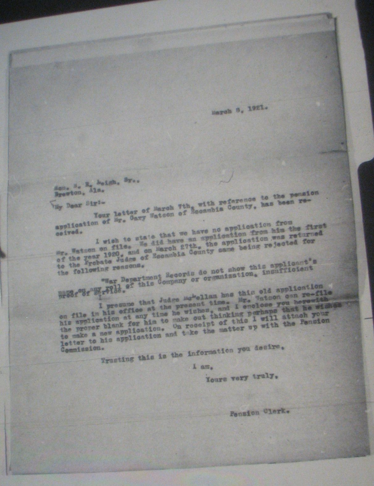 Cary Watson pension application