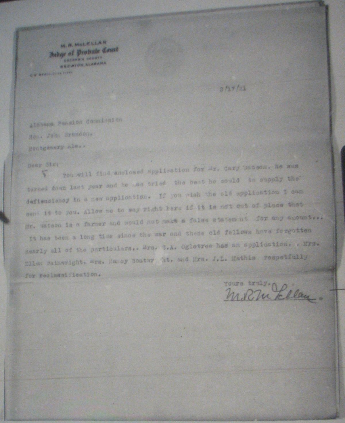 Cary Watson pension application
