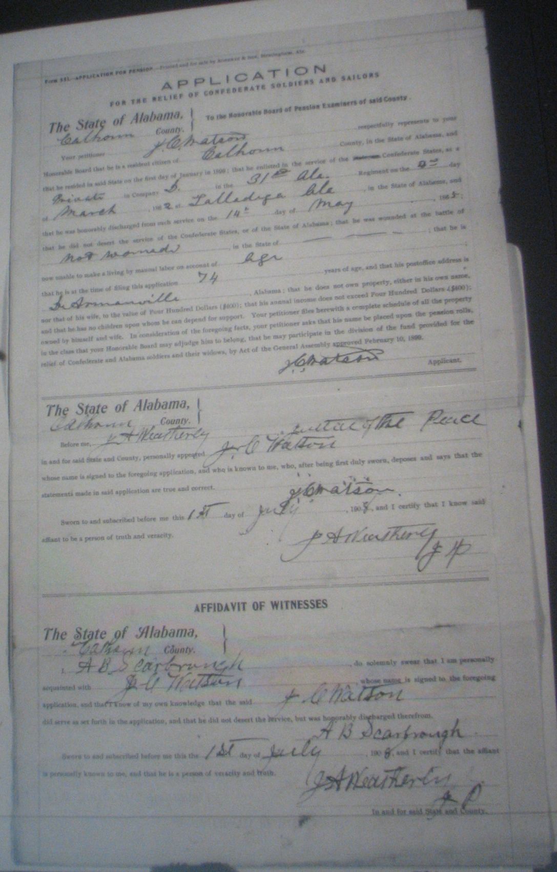 J C Watson pension application