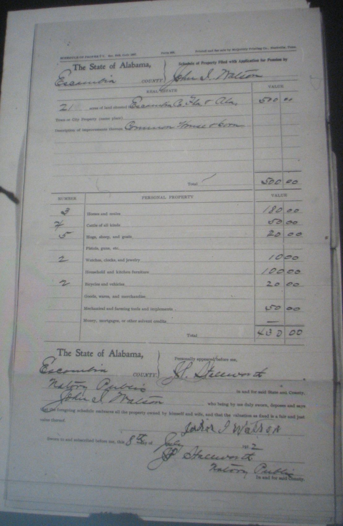 John I Watson pension application