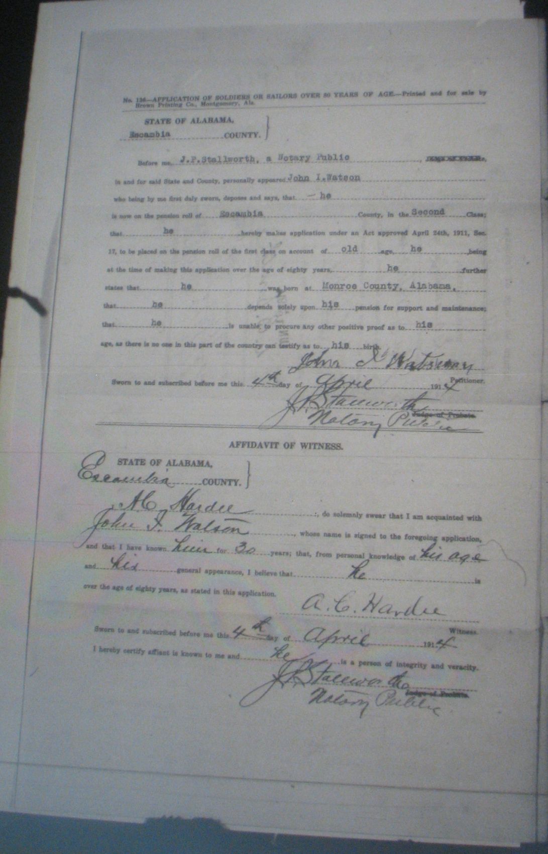 John I Watson pension application
