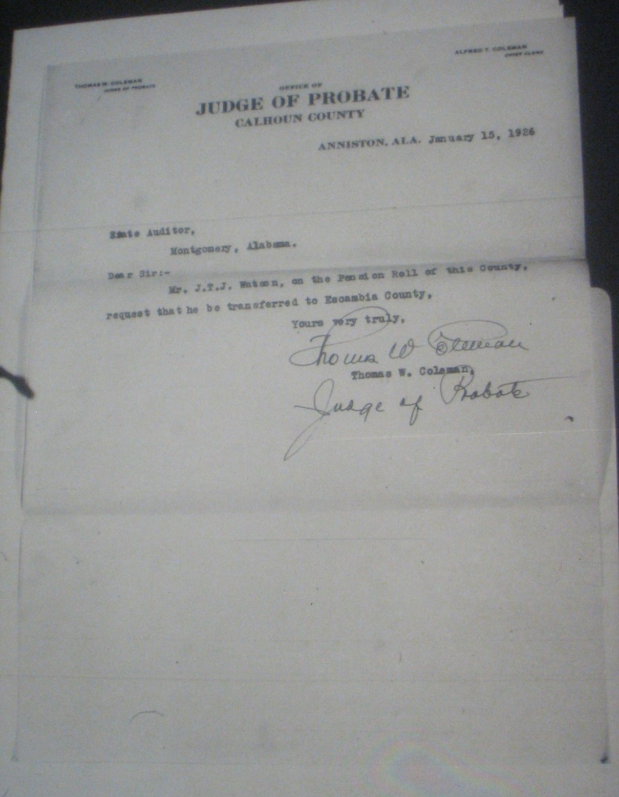 J T J Watson pension application